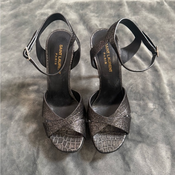Yves Saint Laurent Silver Black Glitter Platform Heels Size 38 - Picture 1 of 8